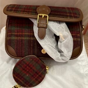 Brown and Red Tartan Crossbody Bag with Leather Trim